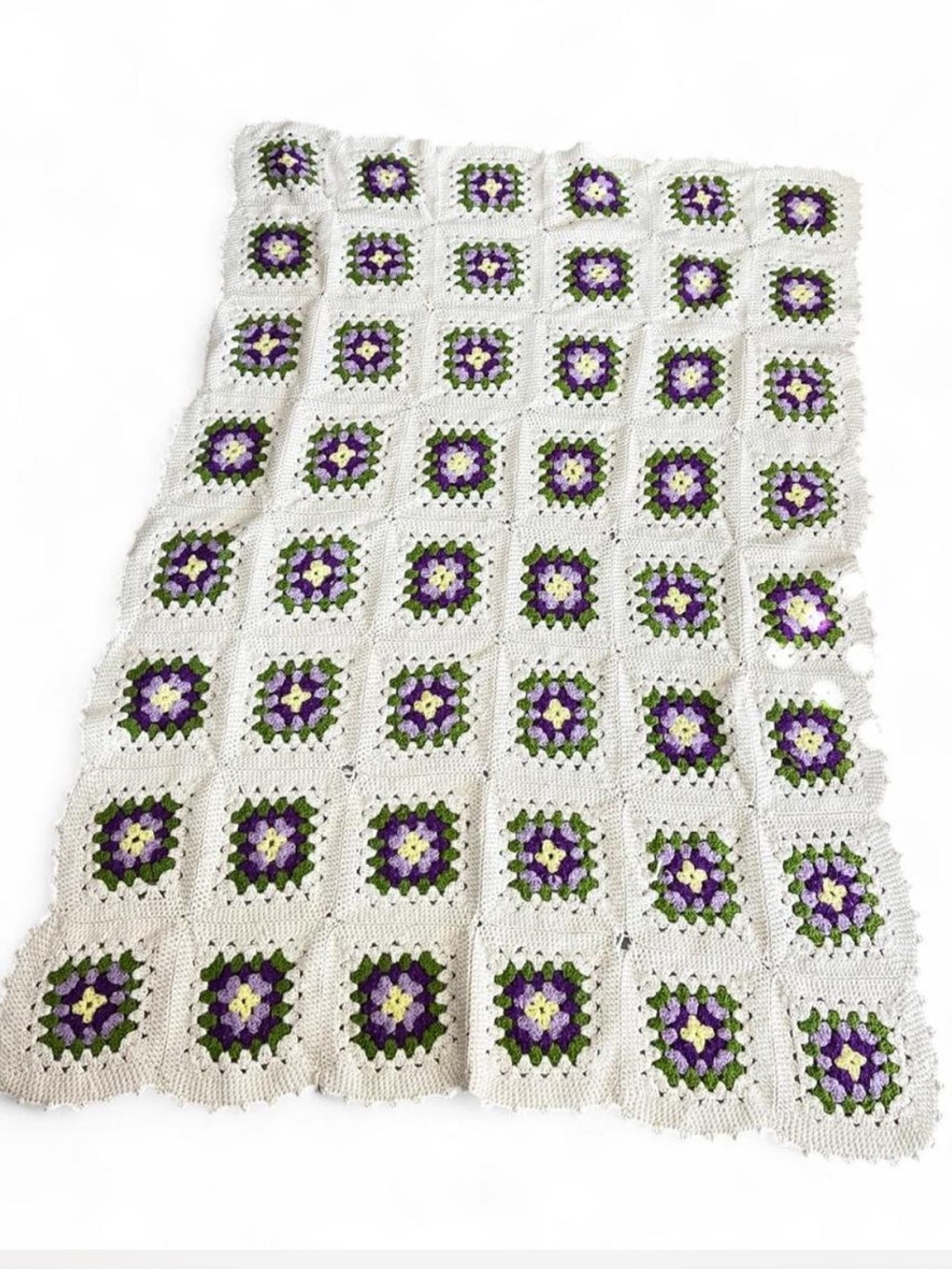 Handmade Crochet Granny Square Throw - White with Purple & Green Accents
